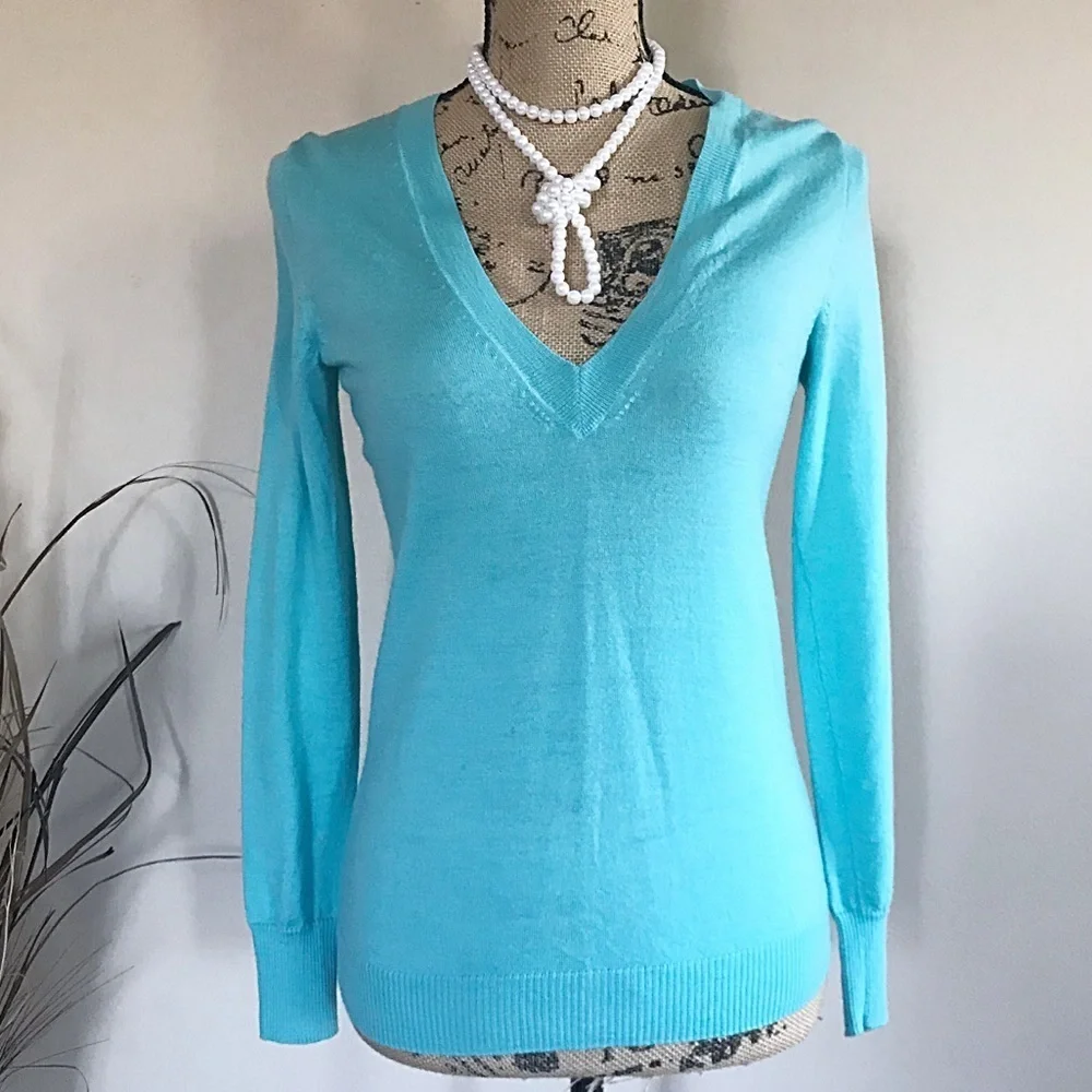 J.Crew Tippi Sweater XS – Pale Teal Merino Wool Deep V-Neck Pullover
